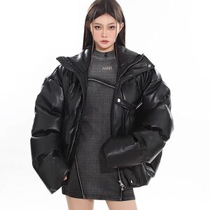 美式短款PU皮立领棉服外套男冬季加厚面包服棉衣图片