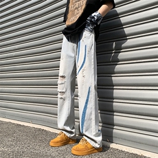 抖音品质美潮设计感高街破洞撞色洗水牛仔裤313A-1-NZ039-P65控78，男装牛仔裤，星座808A-1