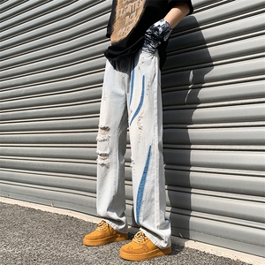 抖音品质美潮设计感高街破洞撞色洗水牛仔裤313A-1-NZ039-P65控78