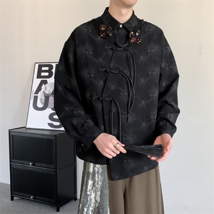 秋季新中式汉服暗纹不对称男女唐装汉服印花复古上衣盘扣长袖外套图片