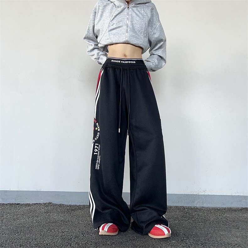 美式双腰头字母印花男女卫裤宽松休闲侧条纹阔腿抽绳裤K0862-P53,男装休闲裤,星座308B-2