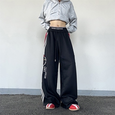 美式双腰头字母印花男女卫裤宽松休闲侧条纹阔腿抽绳裤K0862-P53，男装休闲裤，星座308B-2