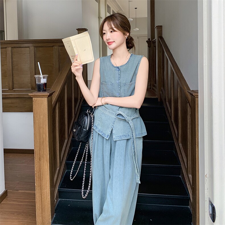 夏季牛仔阔腿裤无袖衫时尚两件套女,女装套装/套裙,秋水欣儿