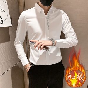 红 店主风社会小伙刺绣加绒保暖长袖衬衫男士301A-1/CS310/P65图片