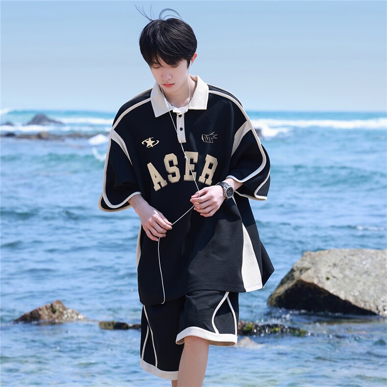 2025夏季新款设计款字母印花青少年学院风短袖套装TZ46/P78控108，男装休闲套装，电商A148