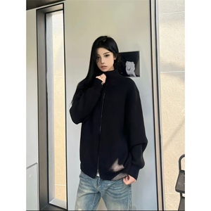 重磅秋冬北极绒双拉链毛衣开衫美式复古休闲慵懒风宽松针织衫外套图片