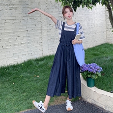 深蓝色复古牛仔背带裤女2025年夏季新款韩系慵懒风宽松显瘦连衣裤，女装套装/套裙，2C053