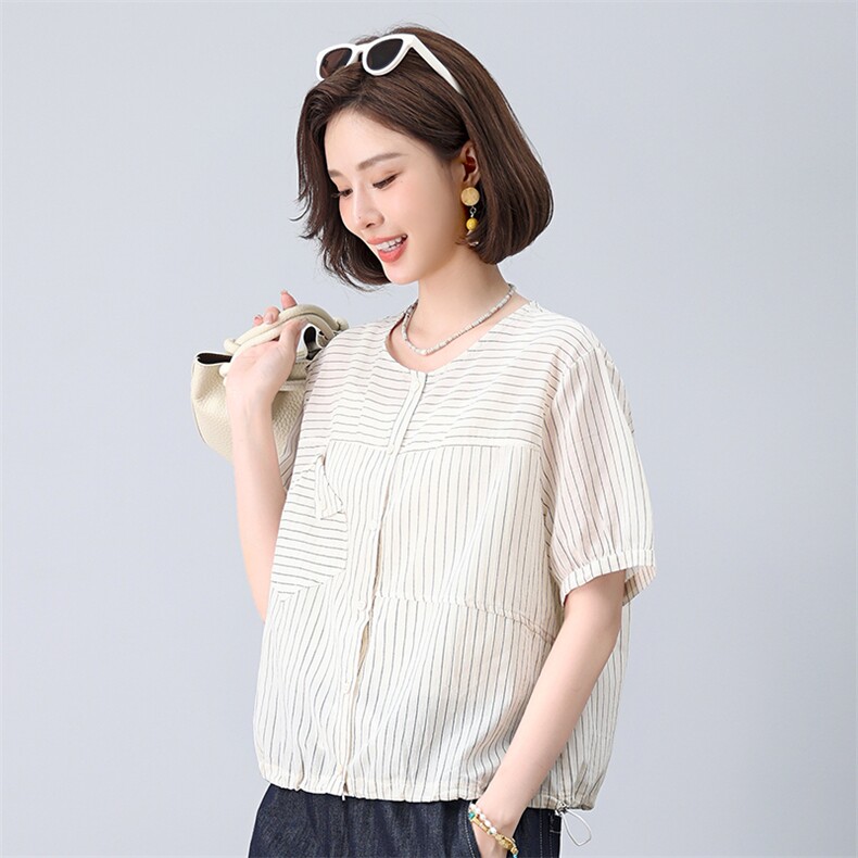 纯棉薄款衬衣中袖夏季新款韩版竖条纹短袖衬衫女清新气质减龄上衣,女装衬衫,叶笙衣