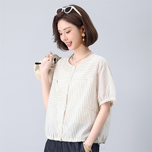 纯棉薄款衬衣中袖夏季新款韩版竖条纹短袖衬衫女清新气质减龄上衣图片
