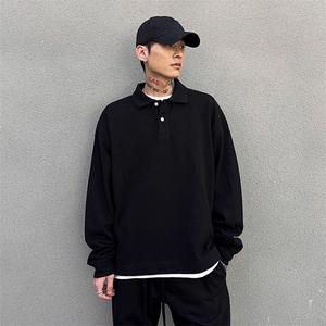 抖音得物高品质二开230克精梳珠地光版纯色宽松长袖T恤翻领POLO衫图片