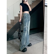 美式高街重工微喇牛仔裤女夏季2025新款设计感拼接显瘦马蹄裤子潮，男装牛仔裤，星座1210-1
