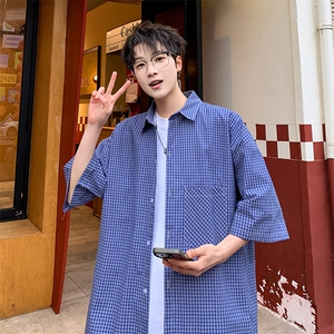格子短袖衬衫男夏季新款港风宽松纯棉衬衣DX101-P35图片