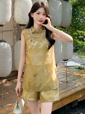 2025年夏季新款高级感显瘦新中式马甲阔腿裤两件套，女装套装/套裙，超帛