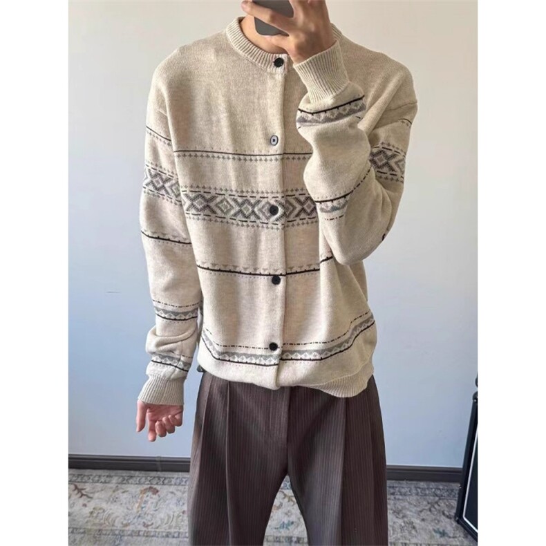 费尔岛提花开衫毛衣外套男款秋季设计感老钱风针织衫上衣SWD87，男装针织衫/毛衣，星座516A