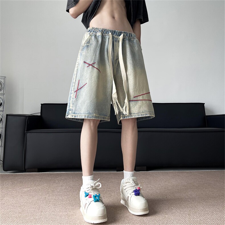 五分裤抽绳红线刺绣设计夏季牛仔短裤男女生运动短裤潮DT1704-P38,男装牛仔裤,星座302B