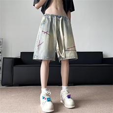 五分裤抽绳红线刺绣设计夏季牛仔短裤男女生运动短裤潮DT1704-P38，男装牛仔裤，星座302B