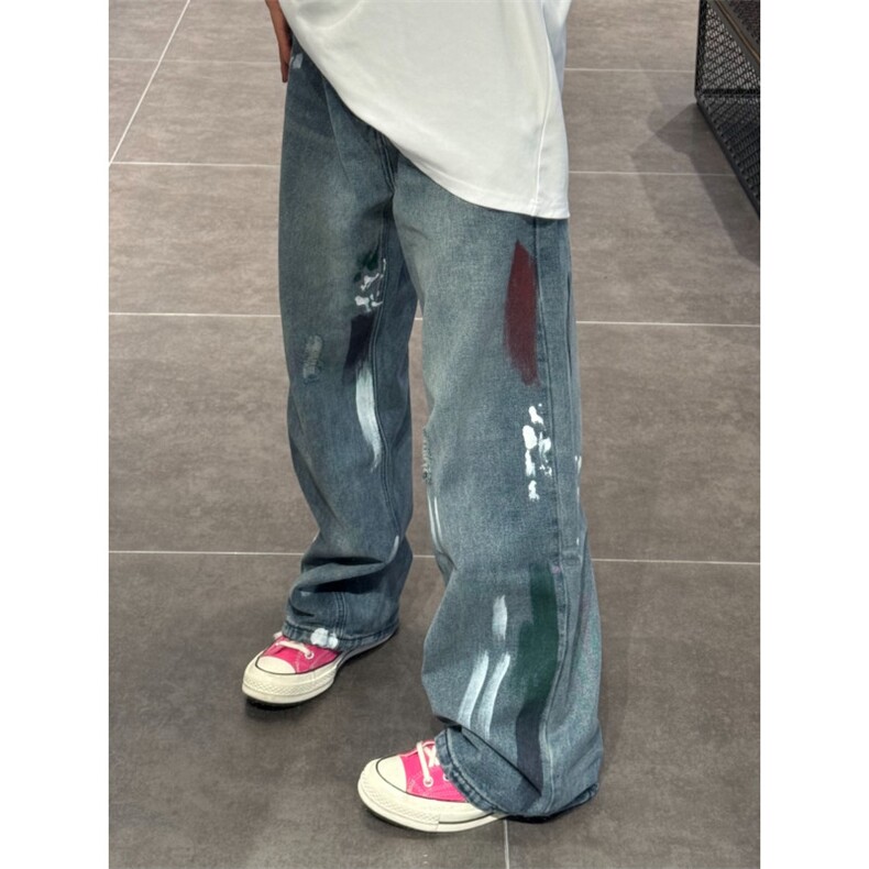 【有货】复古蓝泼墨破洞牛仔裤男款夏季美式vibe裤子KNZ01LL-P48,男装牛仔裤,星座1007（原301D）