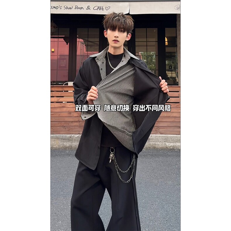 AB面设计时髦时尚翻领衬衫夹克撞色格纹港风休闲衬衫HY850TP80,男装夹克,电商A102B
