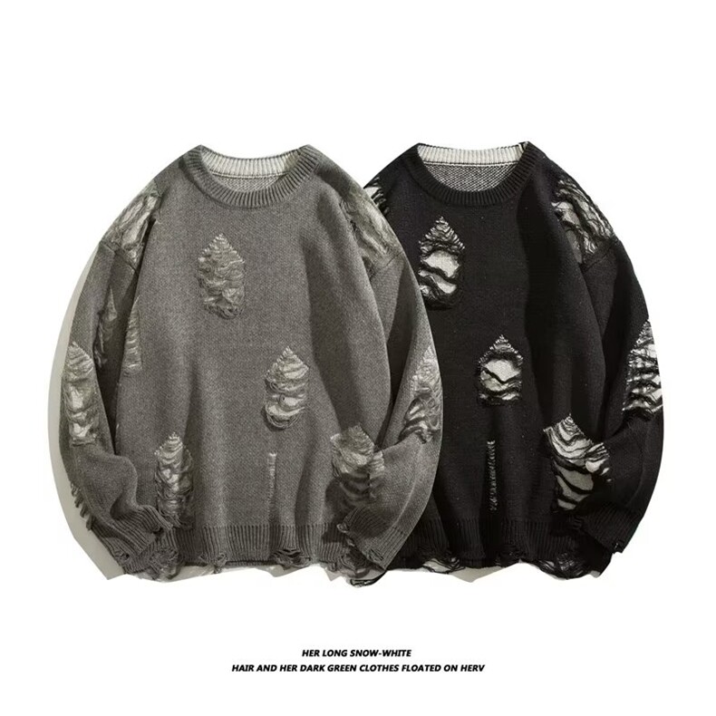 2025秋毛边破洞圆领毛衣男女复古针织毛衫MY23，男装针织衫/毛衣，星座1108