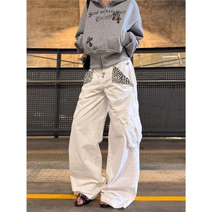高腰阔腿牛仔裤女2025新款秋款超火宽松梨型身材白色直筒拖地裤子图片