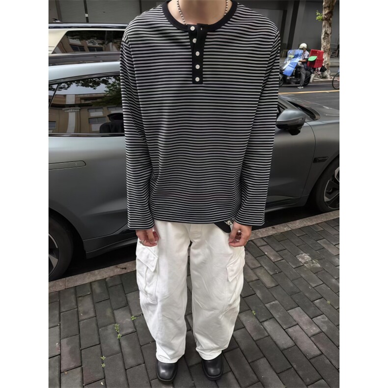 W11129-P48网图现货春季新款宽松条纹撞色长袖T恤百搭打底衫,男装T恤,星座1608