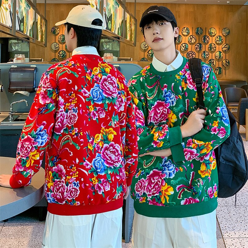 W2情侣大码衬衫领假两件卫衣外套学生班服团队新中式表演出汉服潮图片