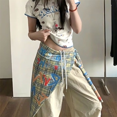 美式复古辣妹宽松高腰屁帘拼接工装裤女夏季宽松阔腿伞兵拖地长裤，男装休闲裤，星座1210-1