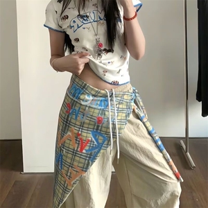 美式复古辣妹宽松高腰屁帘拼接工装裤女夏季宽松阔腿伞兵拖地长裤图片