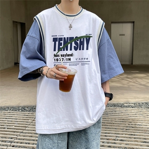 港风23新款夏季假两件字母印花百搭潮流100棉短袖T恤T6616P40控58图片
