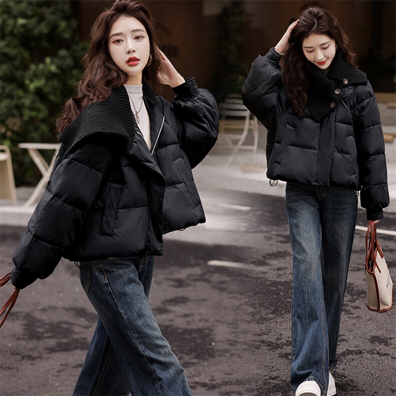 针织拼接咖色短款羽绒服女2024冬季新款韩系宽松设计感加厚面包服,女装羽绒服,曼娅璐