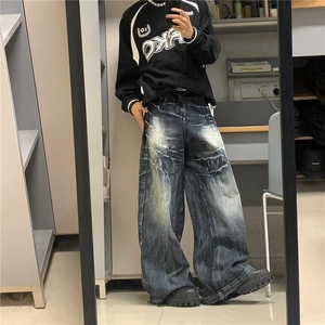 微弹长裤中腰美式街头水洗做旧闪电纹牛仔裤男女欧美宽松阔腿裤潮图片