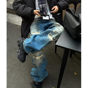 高街破洞脏染废土风牛仔裤男款秋冬季痞帅直筒阔腿长裤子 N7644图片