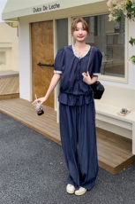 藏青色蕾丝拼接阔腿裤套装女夏2025新款两件套俏皮活泼韩版高级感，女装套装/套裙，2C159