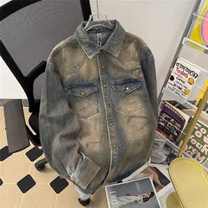 复古蓝牛仔衬衫外套男废土风重磅外套做旧宽松休闲长袖春秋季衬衣图片