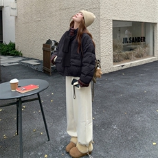 现货新款韩版宽松立领撞色格子袖口羽绒服短款外套面包服，女装羽绒服，网红馆