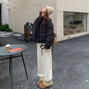 现货新款韩版宽松立领撞色格子袖口羽绒服短款外套面包服图片
