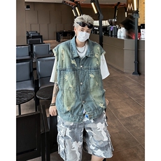 式水洗牛仔马甲男潮牌宽松百搭痞帅做旧无袖坎肩外套MJ80-P55，男装背心/马甲，星座308B-1