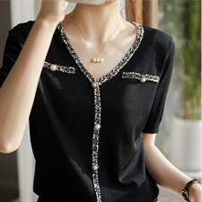 小香风冰丝上衣珍珠扣点缀清爽针织衫，女装针织衫/毛衣，美吧服饰