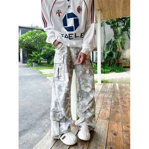 美式水洗雪地迷彩多口袋牛仔工装裤男女同款风直筒微喇休闲裤图片