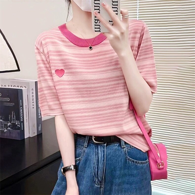 圆领撞色条纹刺绣爱心针织衫套头2025年夏季，女装针织衫/毛衣，圣旺供货