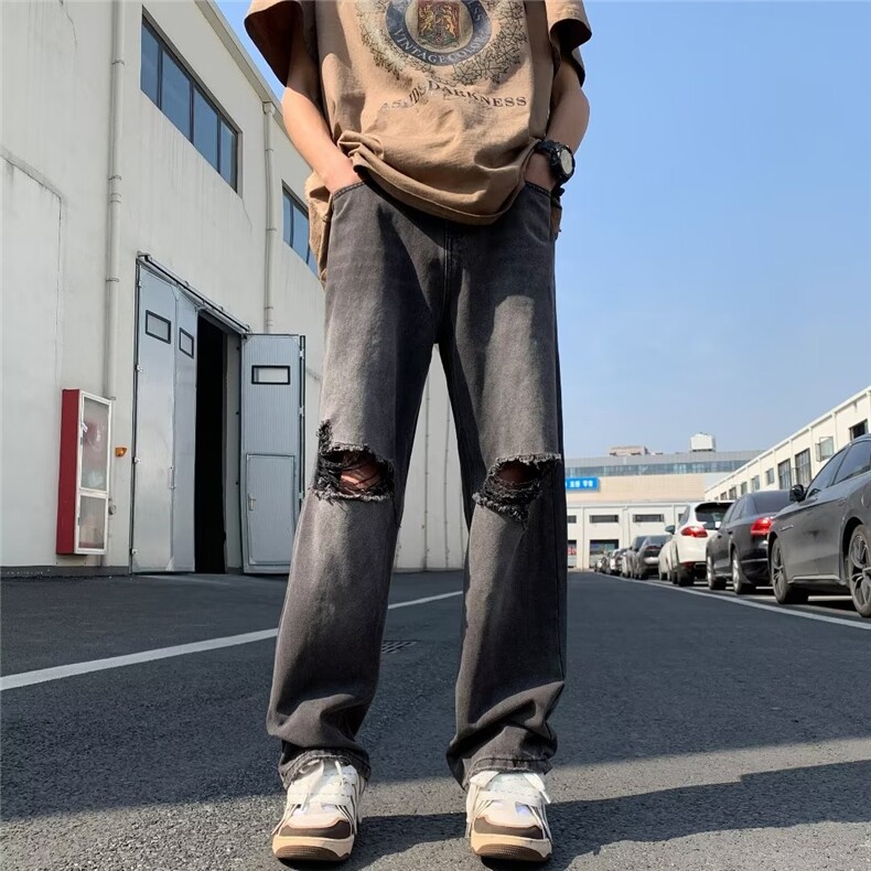 水洗破洞牛仔裤男夏季美式vibe裤子高街潮牌直筒微喇裤KN844-P45图片
