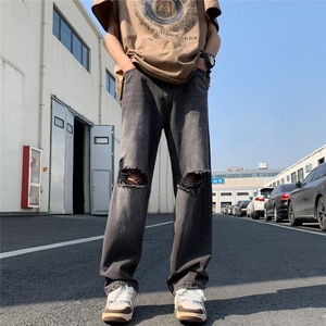 水洗破洞牛仔裤男夏季美式vibe裤子高街潮牌直筒微喇裤KN844-P45图片