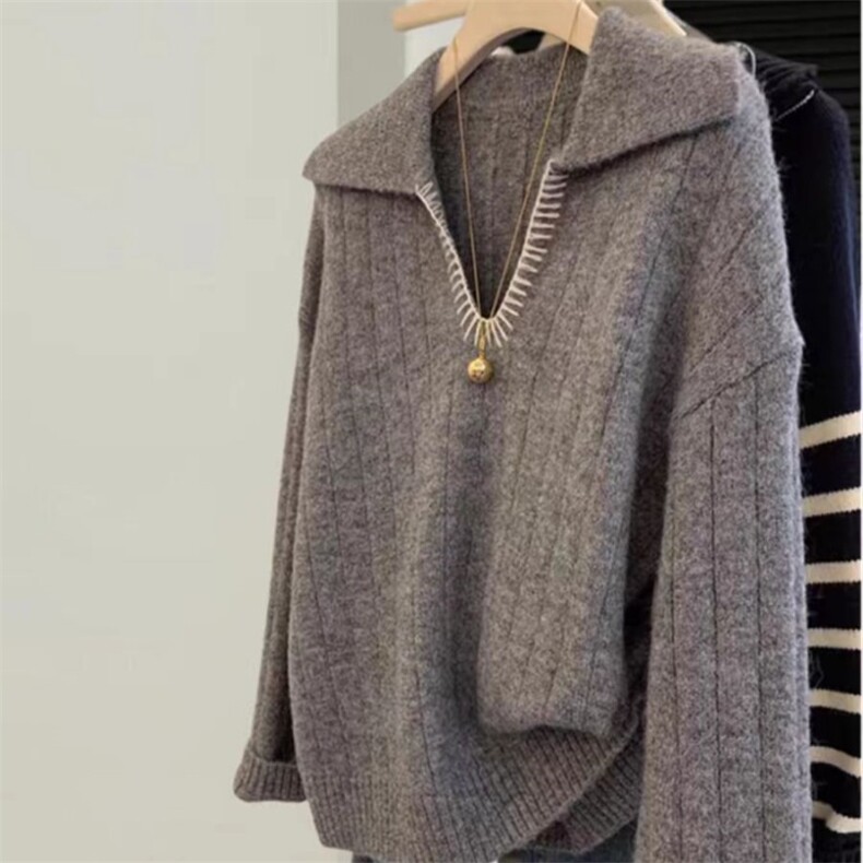 秋冬季羊毛休闲百搭时尚个性V领翻领羊毛衫，女装羊毛衫，锦瑟羊绒