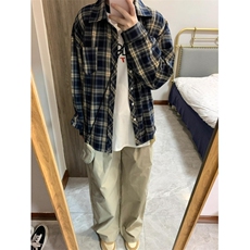 美式蓝色格子长袖衬衫男士衬衣内搭宽松休闲外套C8208，男装衬衫，星座1116A（原606A-3）