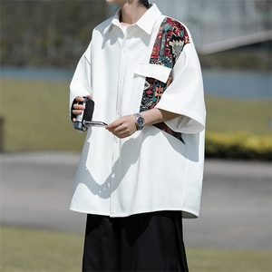 8XL-M民族风拼接短袖衬衫男夏季痞帅半袖衬衣薄款外套DC28009P45,浅灰紧身喇叭裤夏季搭配图片