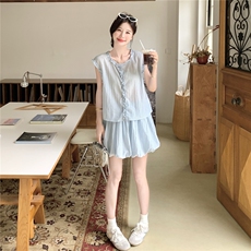 俏皮减龄套装裙女小个子2025夏季新款木耳边马甲花苞半身裙两件套，女装套装/套裙，2C159