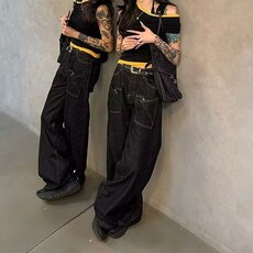 深蓝色弯刀阔腿牛仔裤女秋冬2025新款高腰直筒宽松显瘦拖地镰刀裤，男装牛仔裤，星座506A