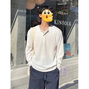 (网图慎用）条纹老钱风肌理感亨利领大码T恤男T24511-特P35控68图片