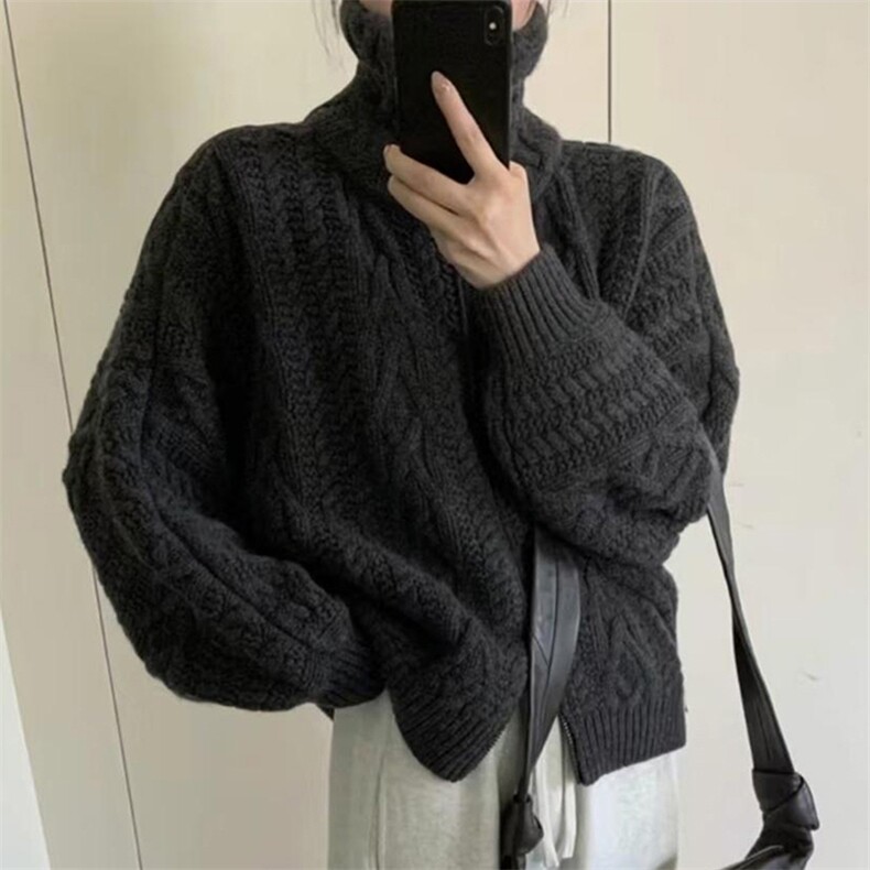 2025年秋季新款百搭女士蝙蝠袖口加厚保暖长袖拉链开衫,女装羊毛衫,新胜羊绒