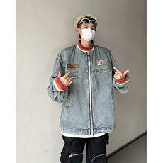 新款美式贴布立领牛仔外套春秋季宽松休闲百搭外套夹克，男装工装外套，星座410-7